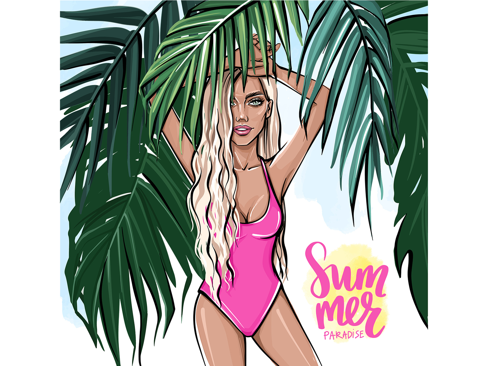 Blonde woman on the beach under palm leaves. beach beautiful beauty bikini blonde fashion fashion illustration fashionista girl girl art girls hair illustration palm leaves paradise pink summer swimsuit vector woman