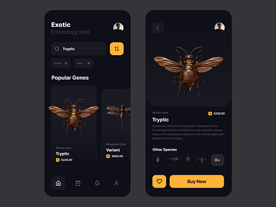 Entomology Store Mobile App Inspiration bug dark ui engraving entomology flies grave inspiration ui design uidesign uitrends uxdesign