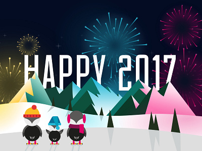 Happy 2017 ! 2017 fireworks flat illustration landscape mountain new year prestashop puffin wishes