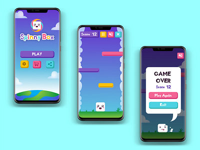 GAME UI DESIGN: Spinny Box android animation app character character design design fun game game menu game ui graphic design icon illustration logo mobile play ui ux web web design