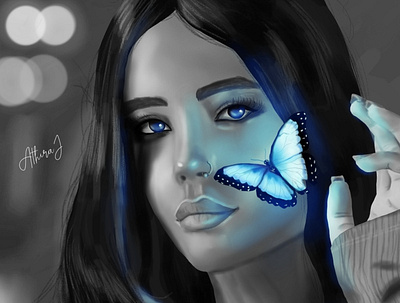 Glowing Butterfly : Digital Painting black and white design digital art digital artist digital illustration digital painting digitalart glow glow art illustration painter portrait