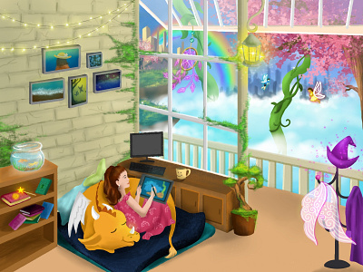 Home in wonderland artist clouds digital art digital painting dragon fairy fairytale girl happy home house illustration magic princess rainbow wacom wonderland