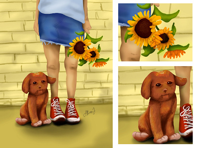 Digital painting - A heartbeat at my feet cute dog girl happy illustration pet pets puppies puppy shoes sunflower