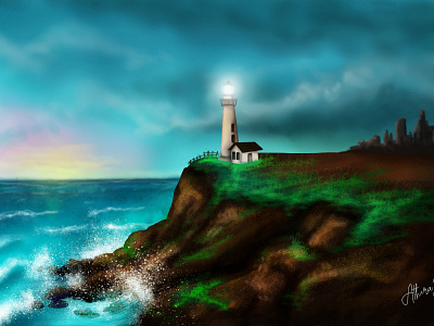 Cloudy Skies and Ocean Vibes : Digital Painting design digitalpaiting landscape lighthouse ocean painting rain sea