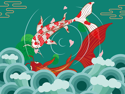 Chinese painting carp chinese painting waves 插图