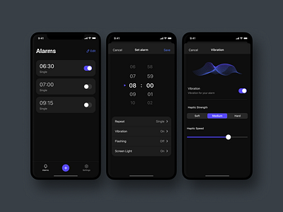 The alarm clock App for the deaf and hard of hearing people alarm alarmclock app application dark design human interface ios iphone minimal mobile mobile app mockup ui ux