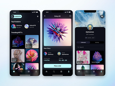 NFT Marketplace App app blockchain branding crypto dark defi ethereum finance gradient graphic design illustration ios logo marketplace metaverse minimal mobile app nft ui ux