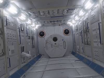 NASA ISS Spaceship Interior astronaut blue corridor fluorescent lamp handle hatch interior international space station mars.earth moon solar space spaceship spacex starship starwars