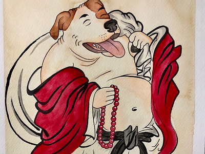 Buddha as Buddha dog funny ink brush japanese painting watercolor watercolor painting