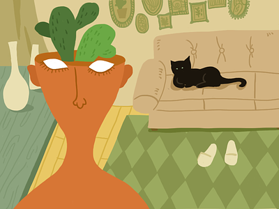 At home cat design girl green illustration plant