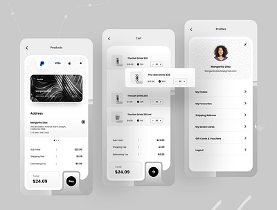 Ecommerce App UI Design app design app designer checkout page clean drink app ecommerce interface minimal mobile app online shop payment product profile trend ui design ux