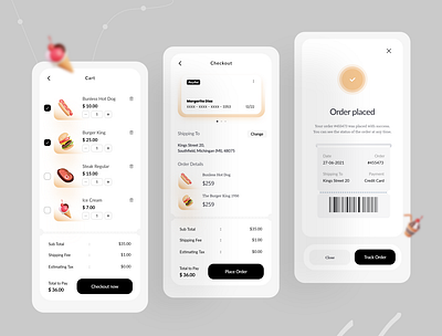 Food Delivery App app design app designer cart checkout design ecommerce food interface minimal mobile app order placed ui design user experience user interface