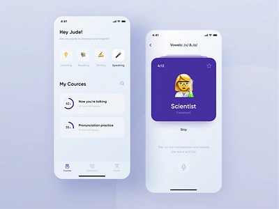 Courses app concept accent beatles cards ui clean clean ui course app dashboad emoji foreign ios app language lesson mobile online education search selected slot tabbar violet voice