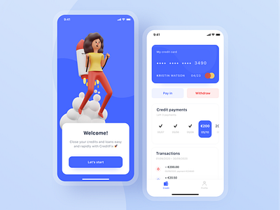 CreditFix app concept calendar cards ui clean ui credit credit card payment design finance fintech loan loan app mastercard mobile pay in profile splash screen transition white and blue withdraw