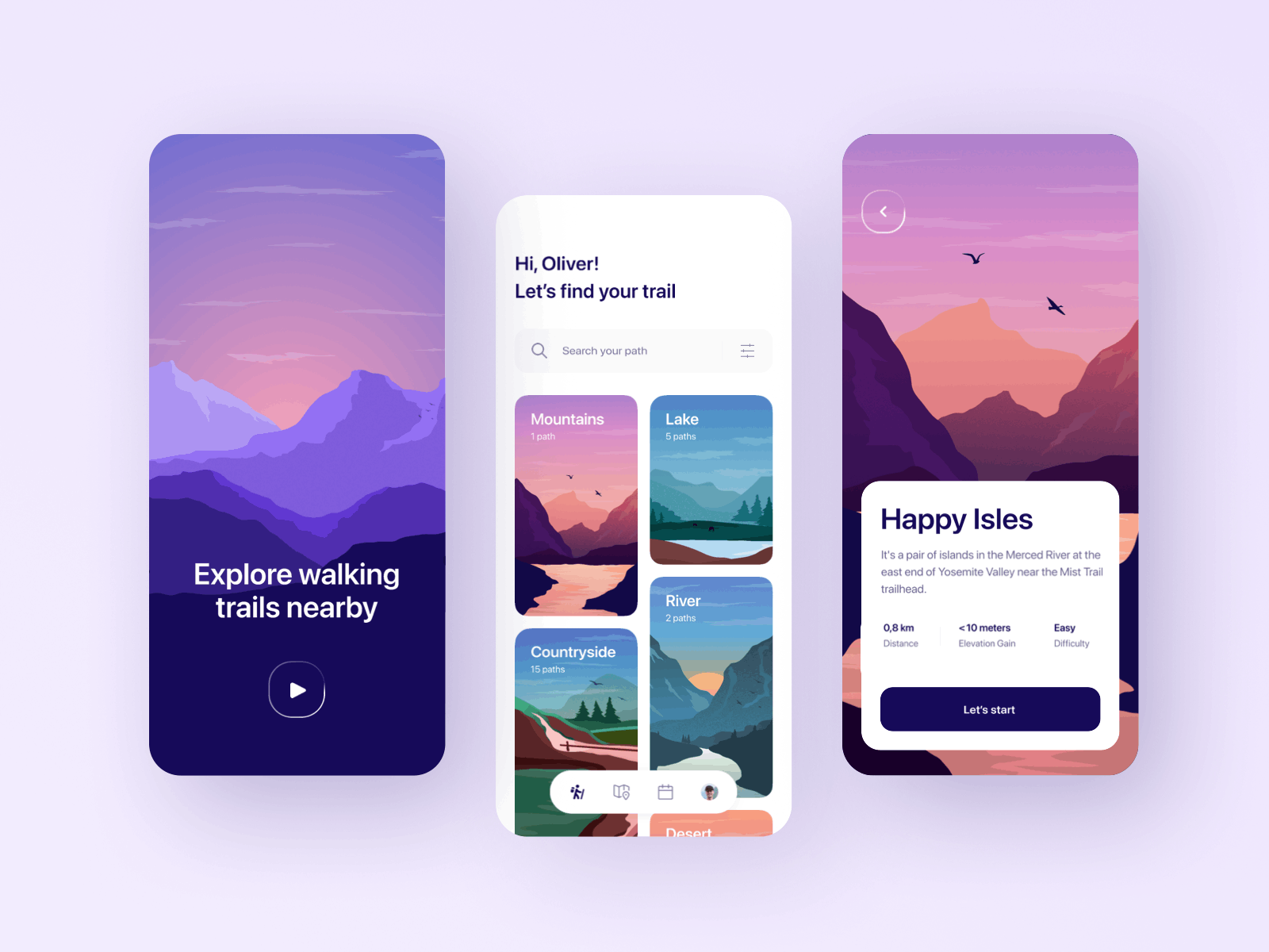 Walking trails app ⛰️ accent adventure aesthetic animation cards ui concept design feed hike hiking mobile mobile ui mountain onboarding page layout path tabbar train travel uxui