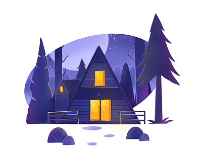 Amidst Dark Woods cabin forest illustration moon nature night procreate web illustration woods