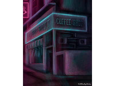 Dark street artist back coffeeshop dark mode dark street art illustration design digitalart drawing dribbble illustration neon neon light trendy