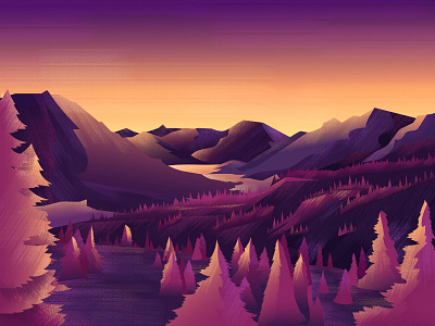 Purple Sunset digitalart dribbble dribbbleweeklywarmup forest gradient color illustraiton illustration inspration landscape illustration texture brushes
