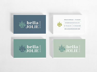 Bella Jolie Skincare — Business Cards beauty blue business cards fleur de lis houston logo design mint natural skincare teal typography wellness
