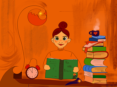 The little prince books clock design dribbble evening girl illustration lamp readingtime thelittleprince