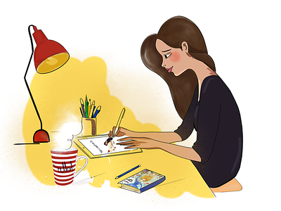 Working time art character art coffee design drawing dribbble girl lamp night pencils working working process