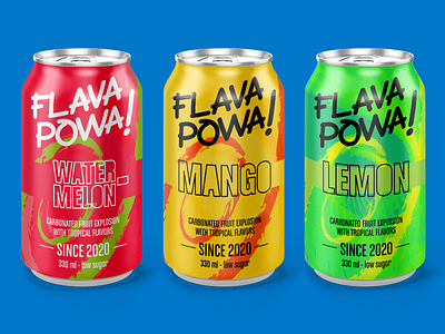 Flava Powa - Carbonated Drink for Dribbble weekly warmup beverage can dribbbleweeklywarmup drink fruit label labelcandesign tropical vectorart