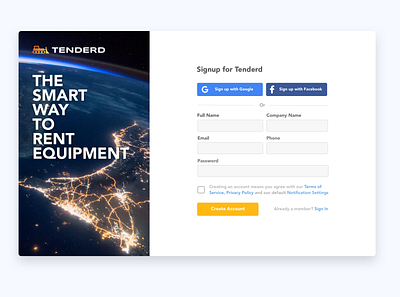 Tenderd Login Screen heavy equipment login login design login page login screen marketplace rental tenderd web design webapp webdesign website