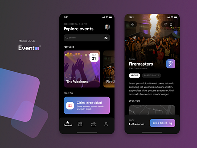 Event Booking App UI Design app booking calendar dance dark mode design event figma freebie ios ios app design mobile party round schedule ui uiux