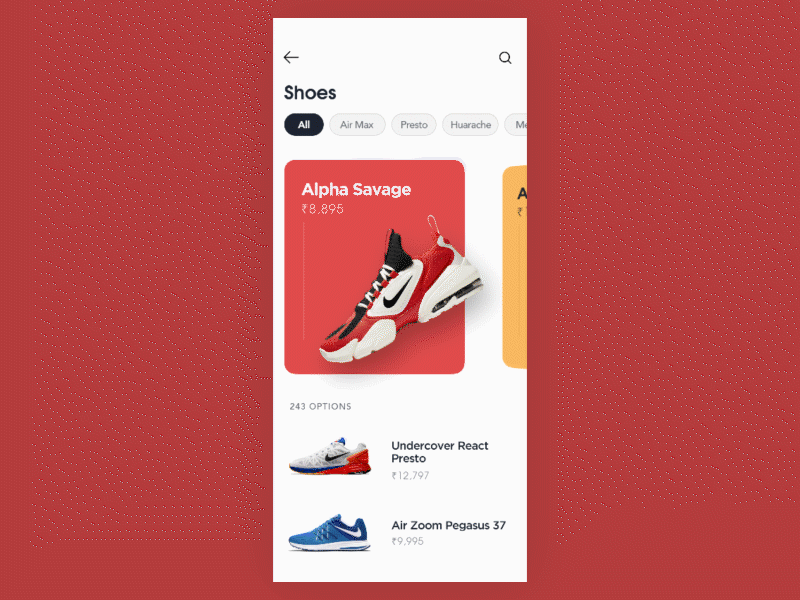 Swipe Interaction with 3d card effect 3d animation aftereffects animation cards ui dailyui design dribbble figma figma design motiondesign nike nike shoes practise scoll shoes app shoes store srilanka swipe ui