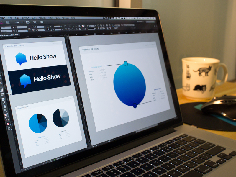Hello Show Brand Book brand book hello show real estate branding identity gradient blue cat mug h1 studios