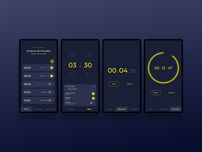 Clock Apps - Design Exploration alarm challenge clock countdown dark theme dark ui mobile apps mobile design simple simple design stopwatch ui design