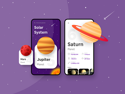 Solar System Education App - Design Exploration challenge dark theme dark ui education app illustration interactive mobile app mobile design planets solar system ui design