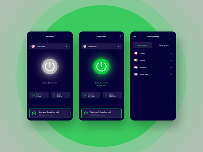 VPN App - Design Exploration challenge connections dark theme dark ui mobile app mobile design simple ui design vpn