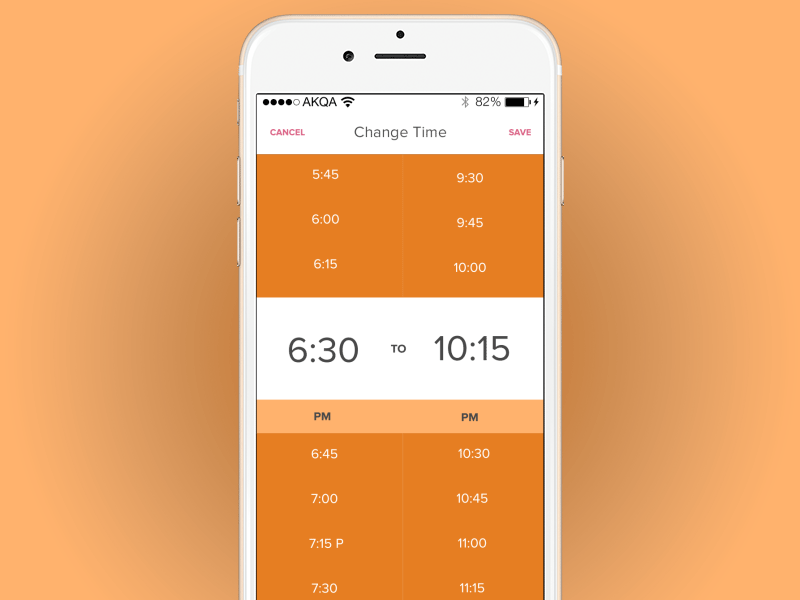 Time Picker animation date hours iphone 6 mobile orange selector time picker