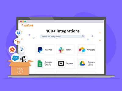 JotForm - 100+ Popular App Integrations apps banner design design dropbox google drive google sheets hubspot integration jotform mailchimp paypal salesforce slack app ui zapier
