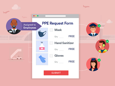 JotForm - Personal protective equipment request form airlines airport assignment banner design coronavirus covid 19 design employee form gloves hand sanitizer hostess illustration jotform managers mask pilot plane ui