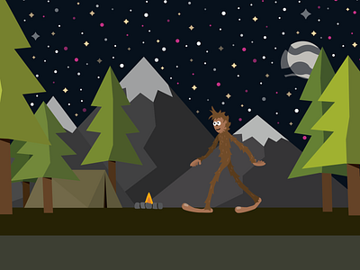 Mr. Bigfoot goes camping? adventure bigfoot camping character cute design fun graphic design illustration moon mountains night sasquatch sky stars tent vector