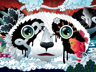 Manga Panda bird bold colourful digital eye catching fish illustration imaginary landscape panda scene surreal waves