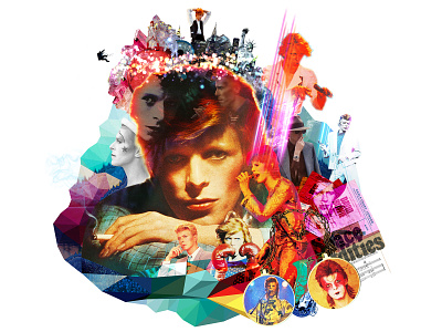 Ashes to ashes bold colourful david bowie eye catching illustration photo montage ziggy stardust