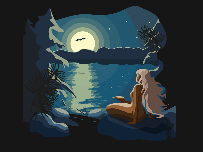 New Shot - 05/02/2019 at 06:38 PM illustration mermaid девушка дизайн лес летучая мышь луна ночь озеро