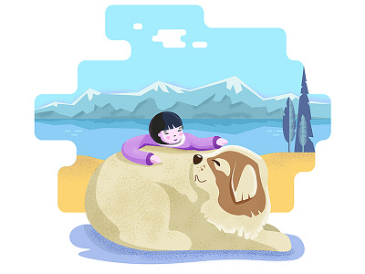 Девочка и собака берег горы девочка иллюстрация море собака