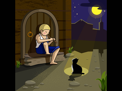 Мальчик и котенок. Мелодия в ночи. дверь иллюстрация котенок лето луна лунный свет мальчик мелодия мостовая ночь одиночество порог старый город тень тепло черный