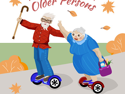 old people вектор веселье ветер иллюстрация катаются осень пожилые люди прогулка скорость старик. старушка счастье ховерборд