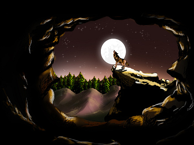 Digital Fantasy Painting Illustration caves concept art digital painting forest illustration lighting effects moonlight night wild animal