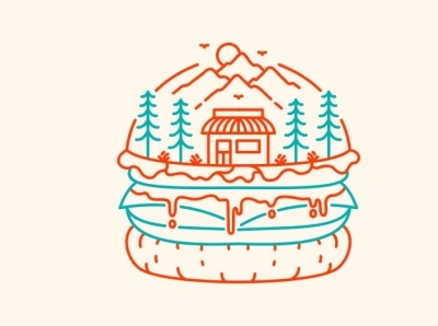 Burger Shop in Nature T-Shirt adventure apparel burger burger addict burger lover cheeseburger drink fast food food hamburger junk food monoline mountain nature outline patty sandwich shop tatto tshirt