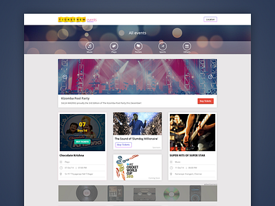 Events Booking Page card view design drama events flat music parties sports tickets ui design web