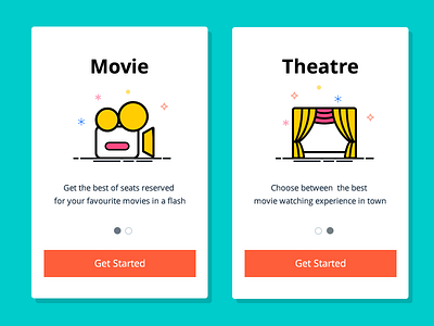 On Boarding app cards flat icon illustration mobile movie on boarding theatre ui vector welcome