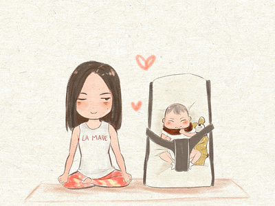 Yoga mom with her daughter childrens illustration clip studio paint cute art digital drawing illustration