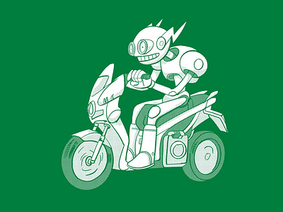 Robot on electric scooter drawing illustration motorbike robot