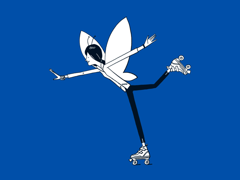 Butterfly skater design monochrome line drawing black and white illustration characters